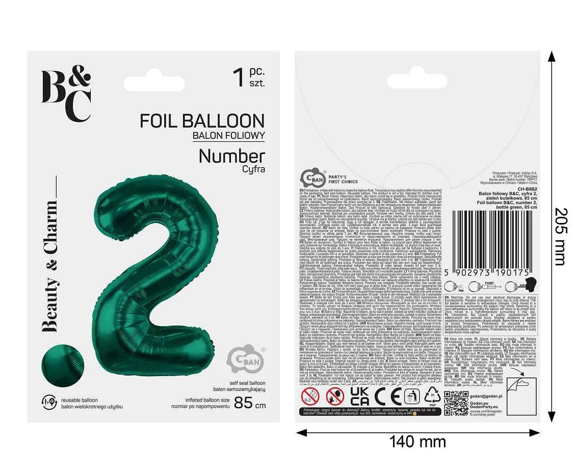 Foil balloon B&C, number 2, bottle green, 85 cm